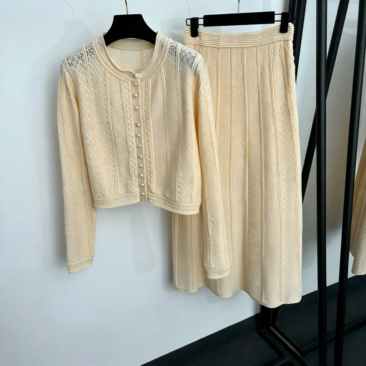 2026 High quality women's hollow pearl button knitted cardigan half skirt two-piece set--hb728