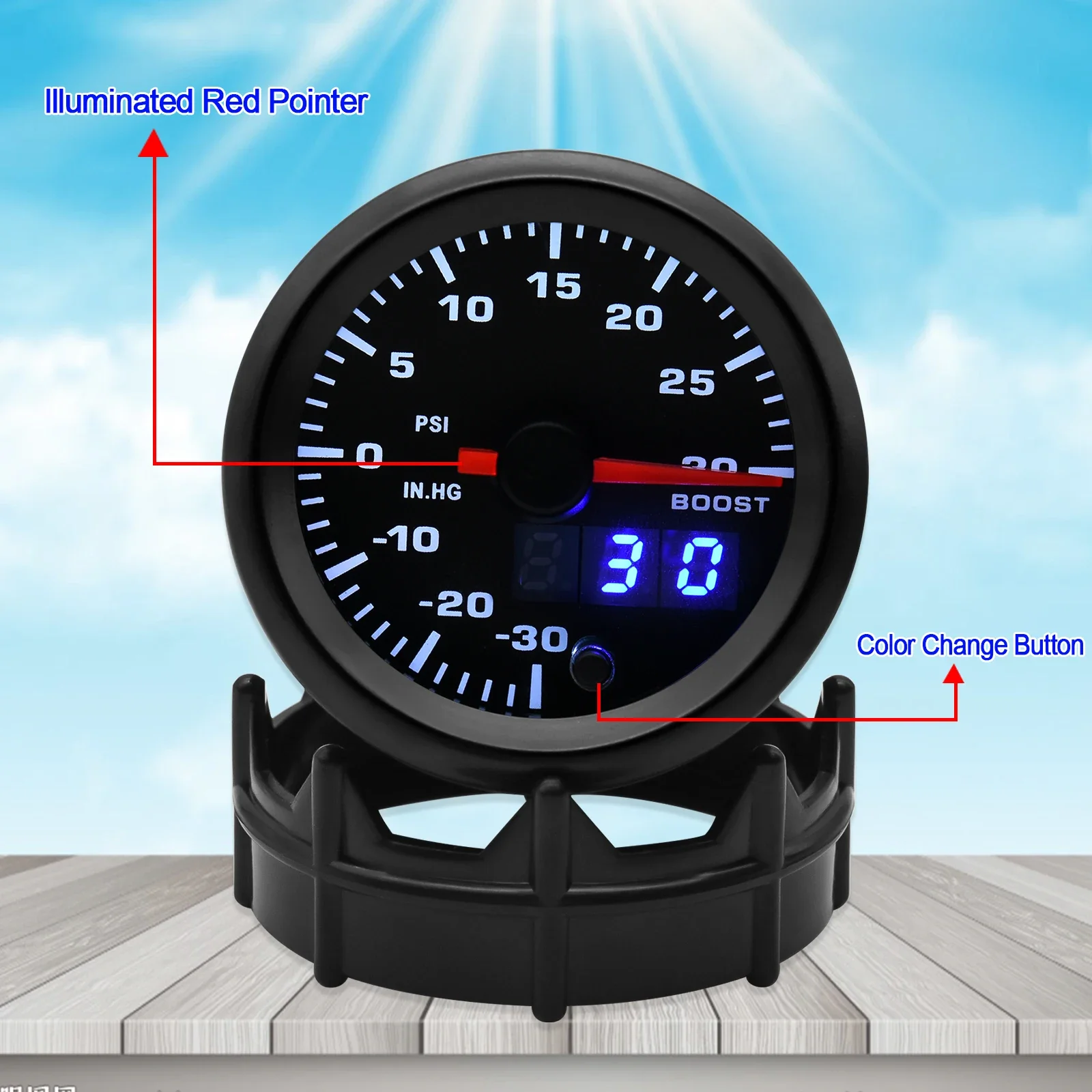 -30~30 PSI Car Turbo Boost Gauge 7 Colors LED Meter Analog/Digital Dual Display 52MM Gauge Holder for Racing 12V