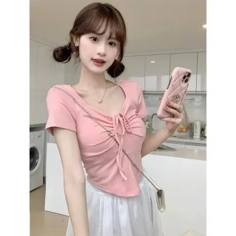 

Ice Thread Shoulder T-Shirt With Summer Sweet And Spicy Design, Drawstring V-Neck Irregular Short Top