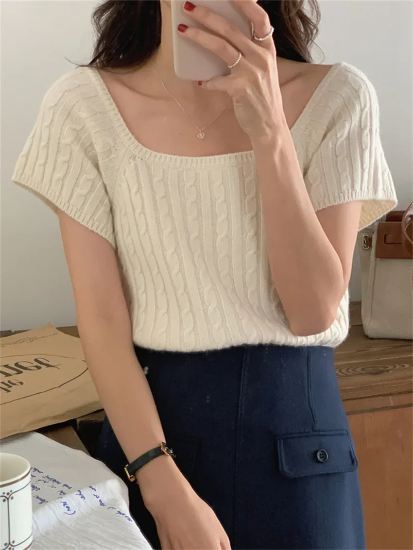 

Arazooyi Gentle Women Sweater Weave Short Sleeve Chic 2022 Knitted Summer New Solid Lady Elegant All Match Office Wear Jumper