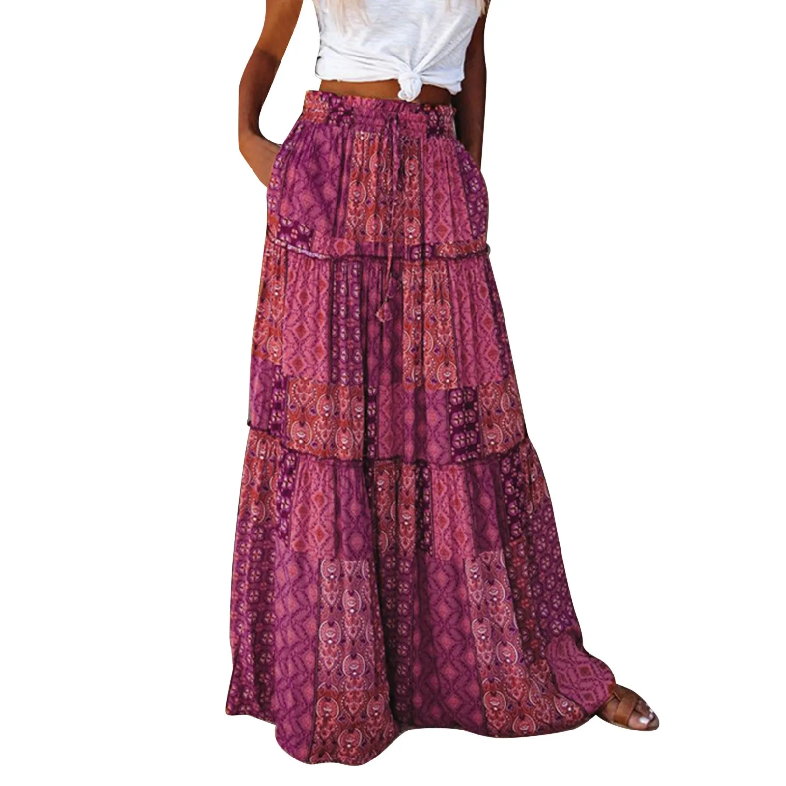 2024 Women\'S Summer Elastic Waist Maxi Skirts Boho A Line Flowy Long Skirts With Pockets Bohemian Skirts For Ladies