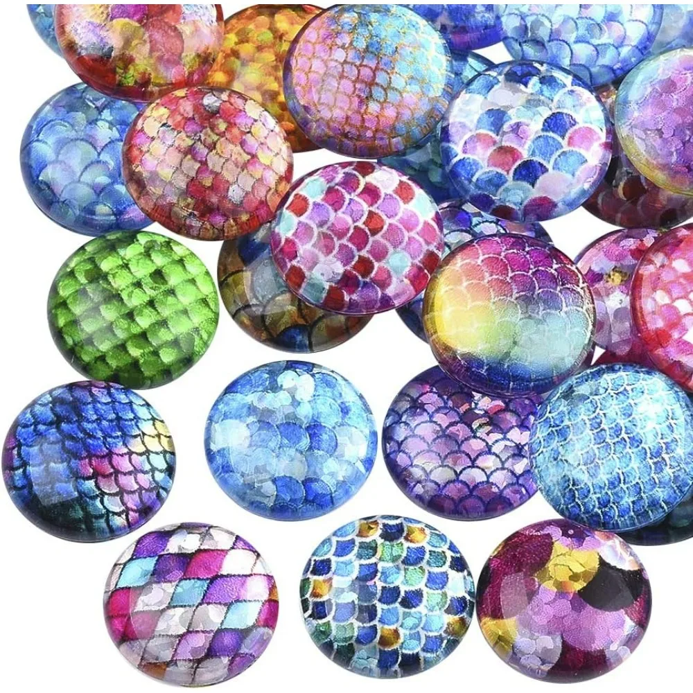 70pcs 35 Styles Mermaid Scales Glass Cabochons Flat Fish Skin Glass Cabochons Dome Gems for Photo Cameo Pendant Jewelry