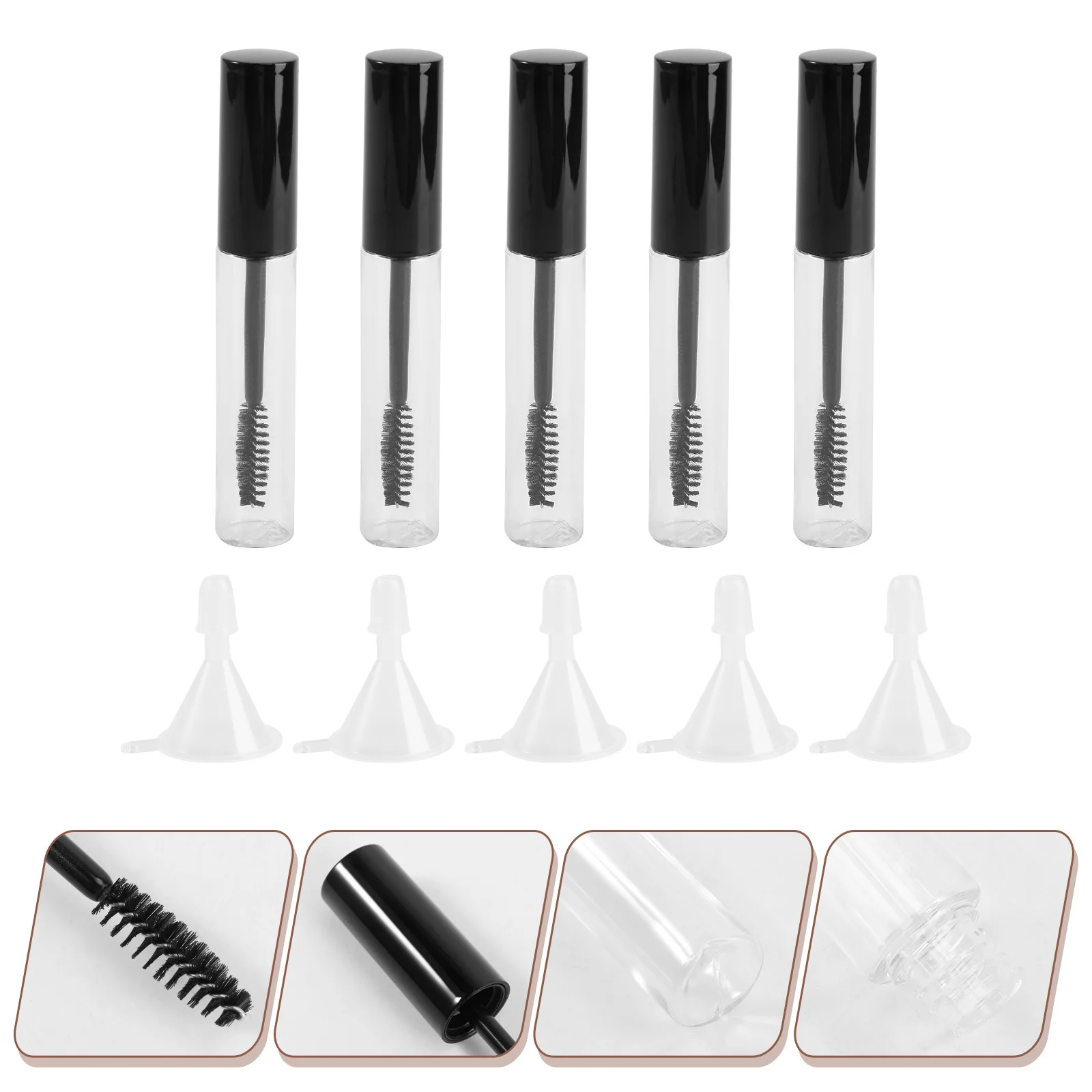 5Pcs Empty Eyelash Tubes 10ml Black Lid Funnels DIY Mascara Container Eyelash Brush Tube for Travel Makeup Storage