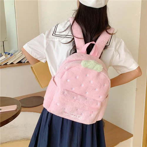 Imagen 2 del producto Mochilas clásicas de Color sólido con fresa dulce de felpa 2025 para mujer, gran oferta, bolsillo Interior con cremallera, mochilas escolares de gran capacidad