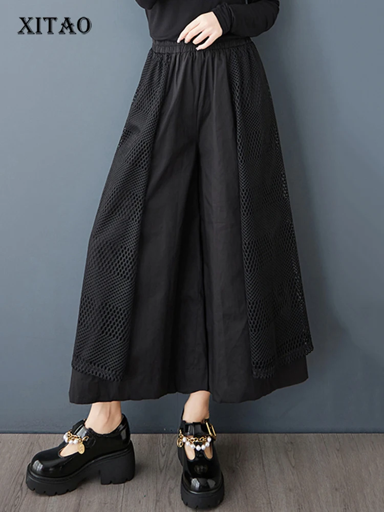 

XITAO Hollow Out Patchwork Wide Leg Pants Loose Irregular Solid Color All-match Women Elastic Waist Ankle Length Pants HQQ2430