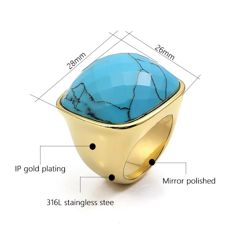 Stainless Steel Natural Stone Light Blue Turquoise Square Big Rings Women Bohemian Stylish Chunky Jewelry