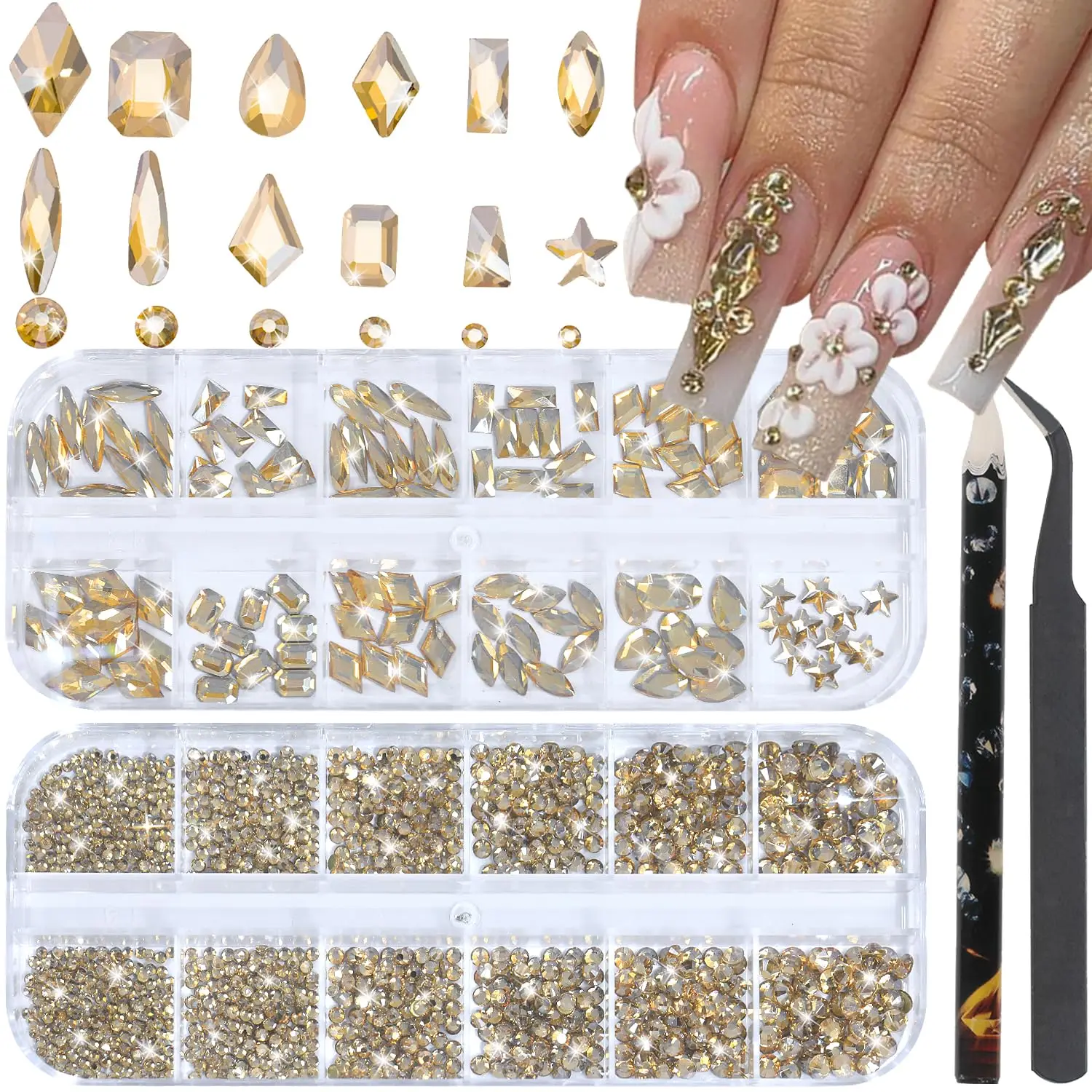 

3D Multi-Shape Champagne Gold Nail Rhinestones with Kit for DIY Nail Art and Decorations