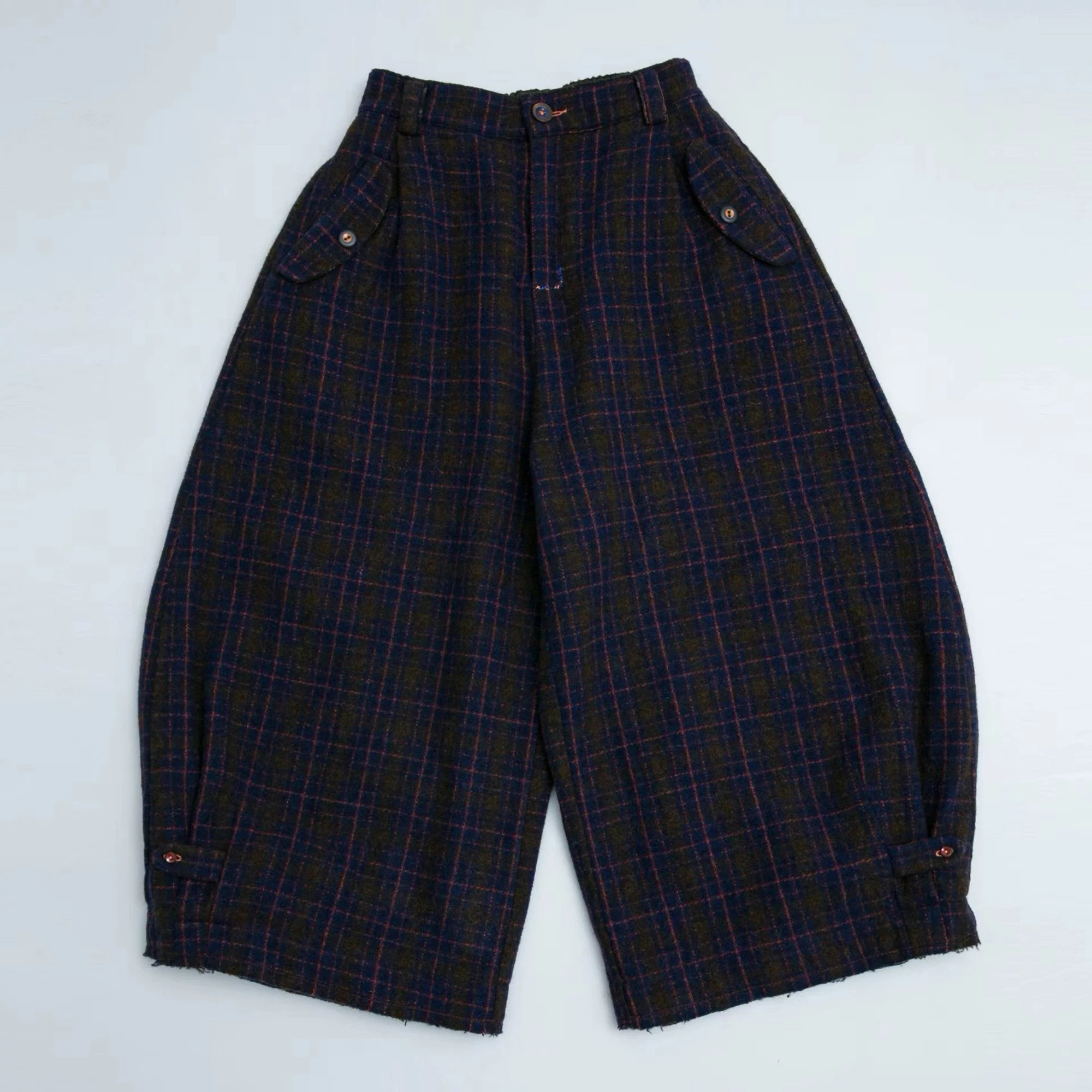 

Retro Woolen Plaid Casual Pants Straight Leg Ladies Pants l Waist Button Closure Cotton Casual Wear