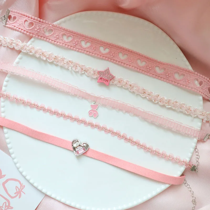 Pink Lace Choker for Women Fashion Love Wave Star Hearts Pearl Bear Bow Necklace Clavicle Lady Jewelry Accessories Girl Gift