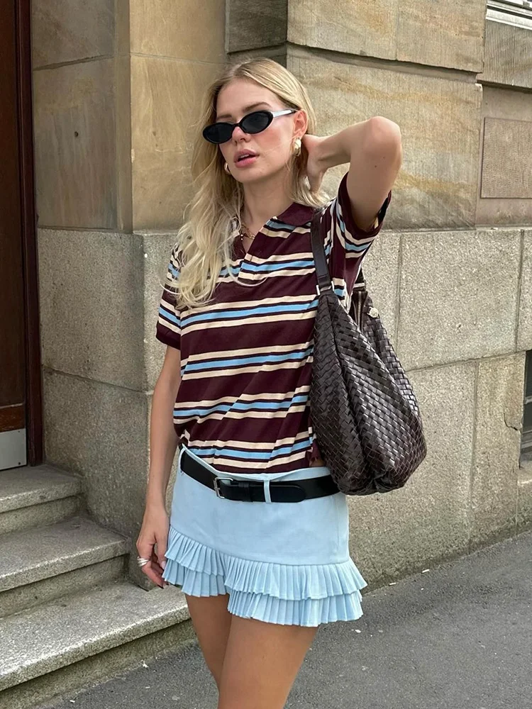 Foridol Burgundy Striped Casual Women T-shirt Summer Loose Polo Shirts Buttons New Female Tops Blouse White Tops Spring Shirt