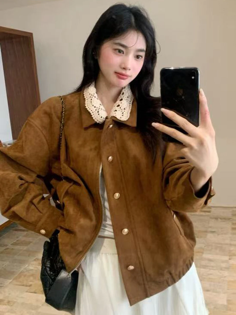 

Корейский Sle, американский джемпер с откидным воротником, женская верхняя одежда, коричневый, со съемным воротником, осень-зима, винтажный, элитный, ощущение