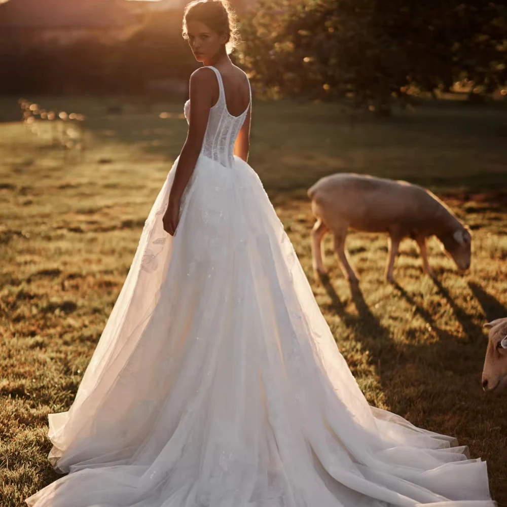 Customized Glamorous Lace Beaded A-line Wedding Dress Modest Square Neck Bridal Gown 2026 Dreamy Floor-length Bridal Gown