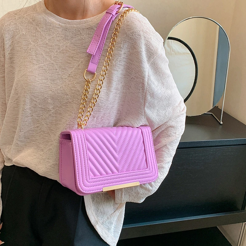 Luxury Purple Bag Top Brand Shoulder Bag Fashion Chain Handbag Female Embroidery Thread PU Leather Crossbody Bag Designer Sac