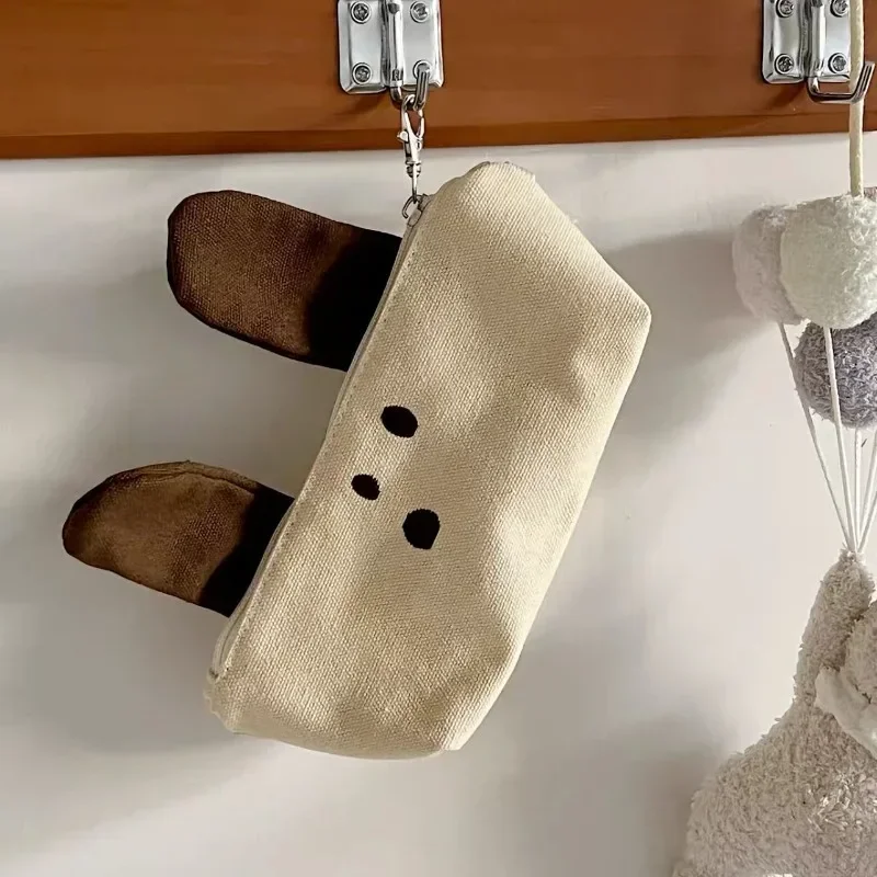 Cute Dog Canvas Pencil Bag Large Capacity Zipper Stationery Pouch Multi-function Storage Bag