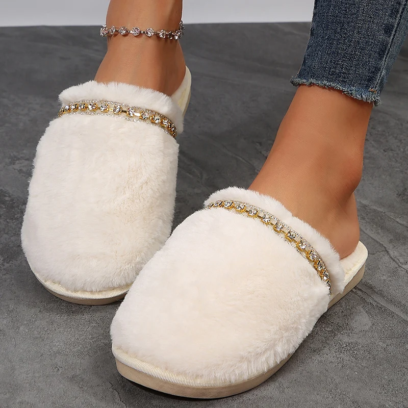

Bling Crystal Fluffy House Slippers for Women Winter 2025 Indoor Cozy Warm Fur Slippers Woman Flat Non Slip Plush Home Slides