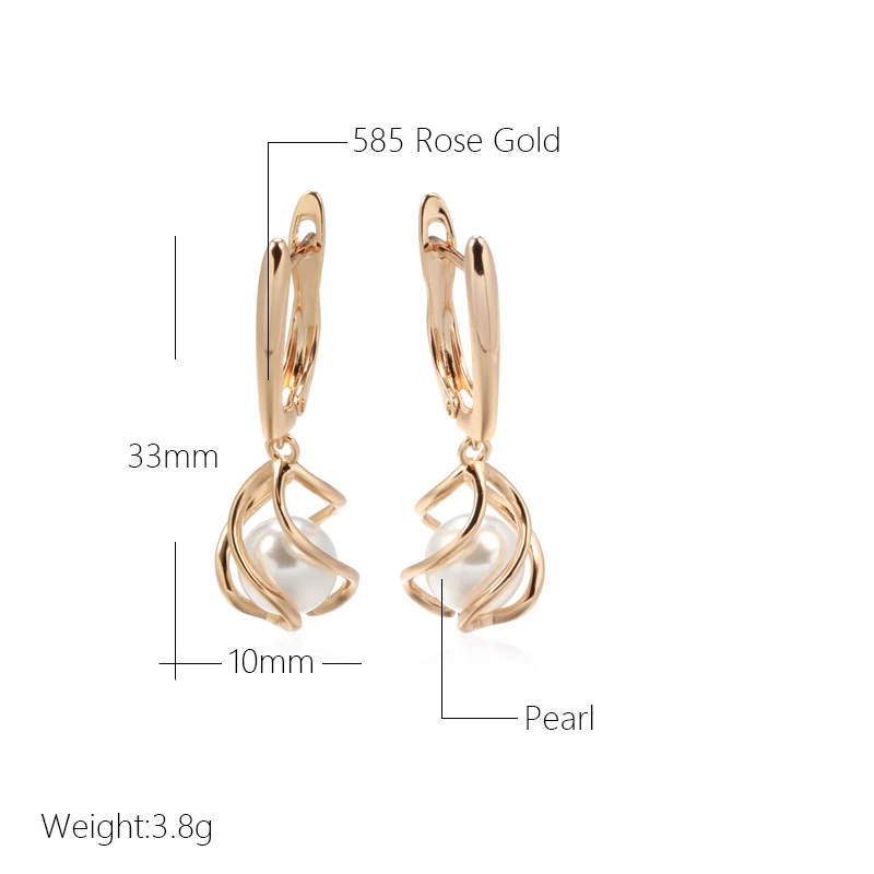 Kinel Luxury 585 Rose Gold Drop Earrings for Women Unique Geometric Hollow Pearl Bridal Earrings Wedding Jewelry 2022 New