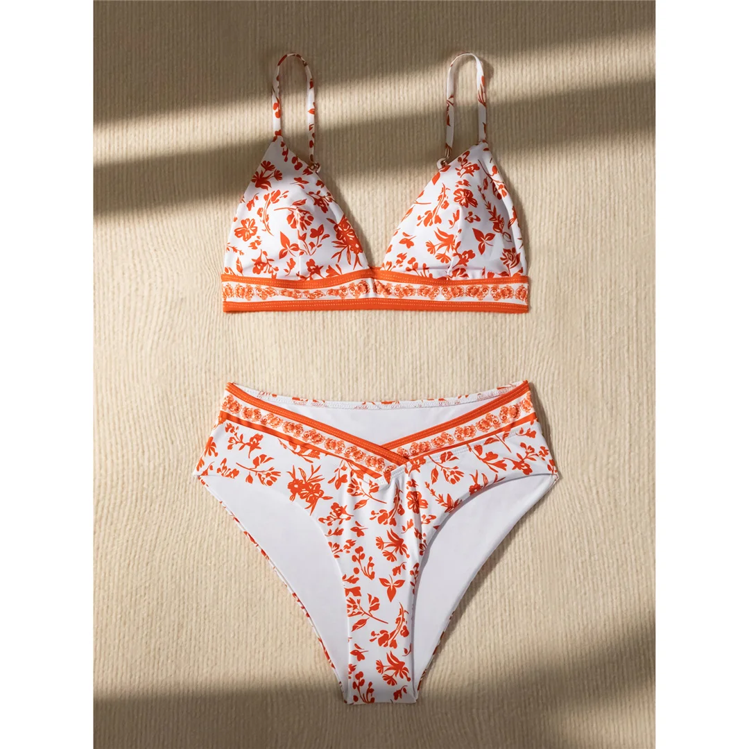Blumenmuster, hoch geschnitten, mittelhoher Bund, Damen-Badeanzug, Bikini, zweiteiliges Bikini-Set, Badebekleidung, Badeanzug, Modell V5338. – Detail 13