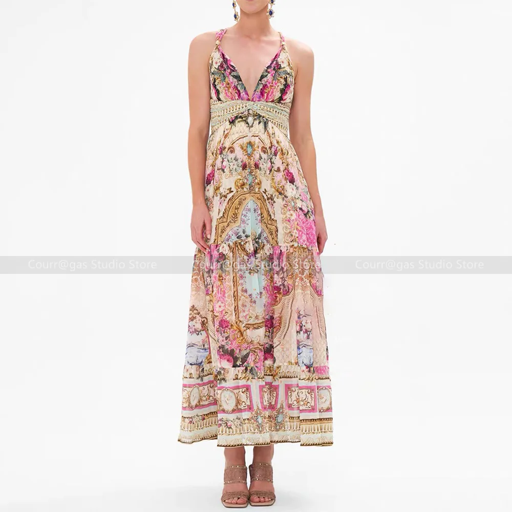 

Australian Niche Noblewoman Silk Pink Printed V-Neck Backless Holiday Seaside Halter Long Dresses