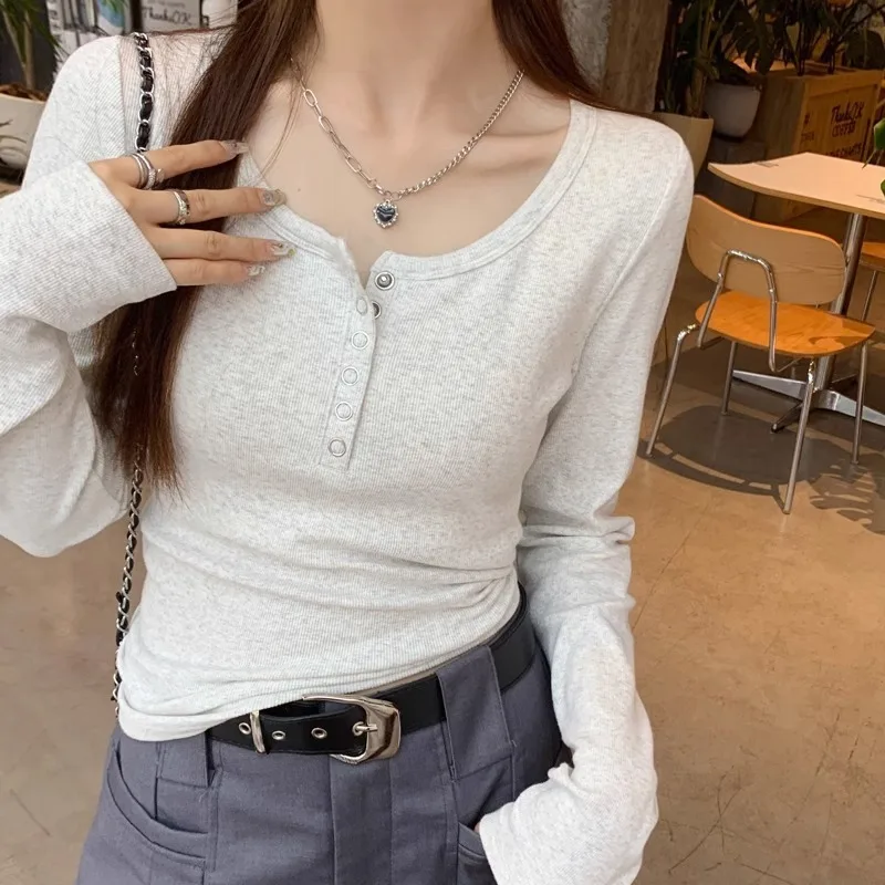 Summer Korean Half-Open Collar Button Cotton Long Sleeves Shirt Blusas Women New Square Collar Collarbone Tight Short Base Tops