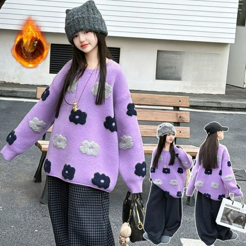 Big Girls Purple Flower Sweater Casual Fashion Temperament Knitted Top for Autumn and Winter