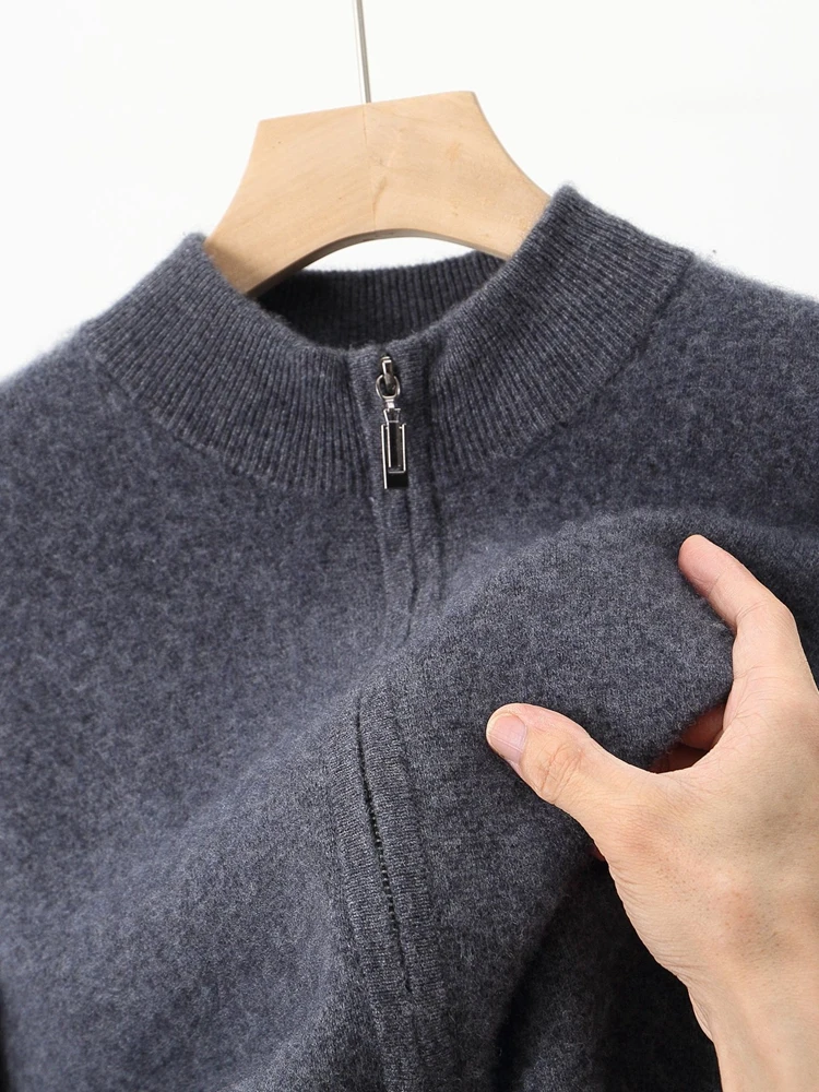 

Men's Zippers Mock Neck Wool Sweater Cardigan Thick Autumn Winter Cashmere Long Sleeve Casual Pockets 100% Merino Wool Knitwear