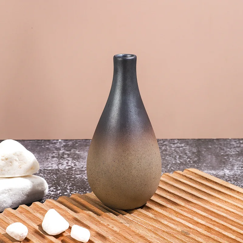 Coarse ceramic Chinese style retro vase, Zen gradient color small vase, hydroponic flower set, home decoration accessories