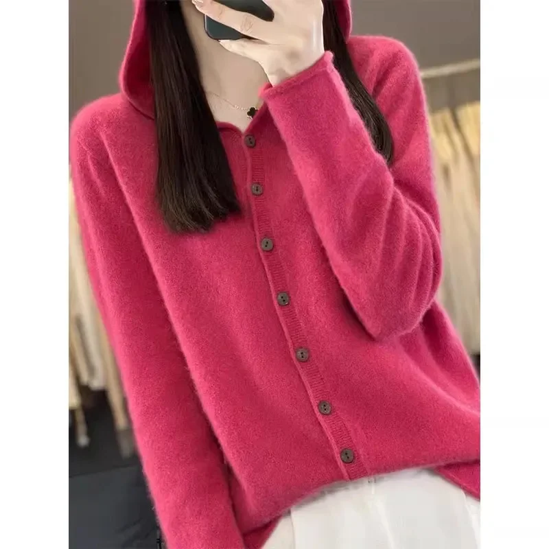 Women's Sweaters 100% Merino Wool Knitted Cardigan Autumn And Winter Hoodie Loose Sweater Fashionable Versatile Coat Top