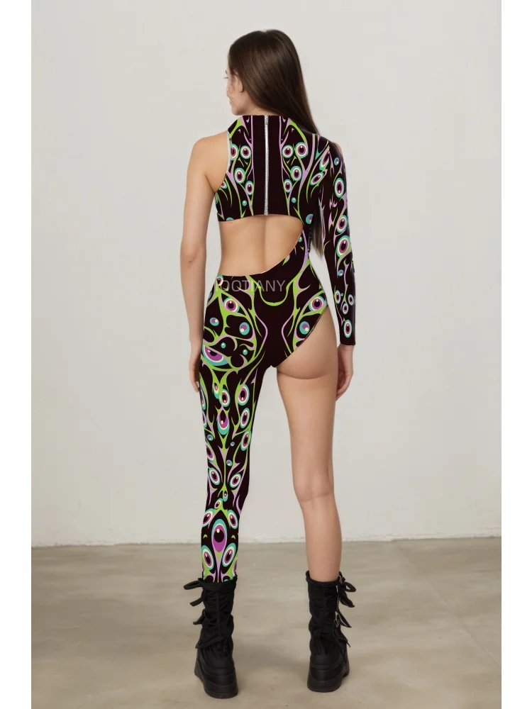 Alien-Kreatur Halloween Cyberpunk Bodysuit, Festtagsparty, Nachtclub, Neon-Cosplay-Kostüm, Stretch-Jumpsuit, Damen-Einteiler, eng anliegend – Detail 3