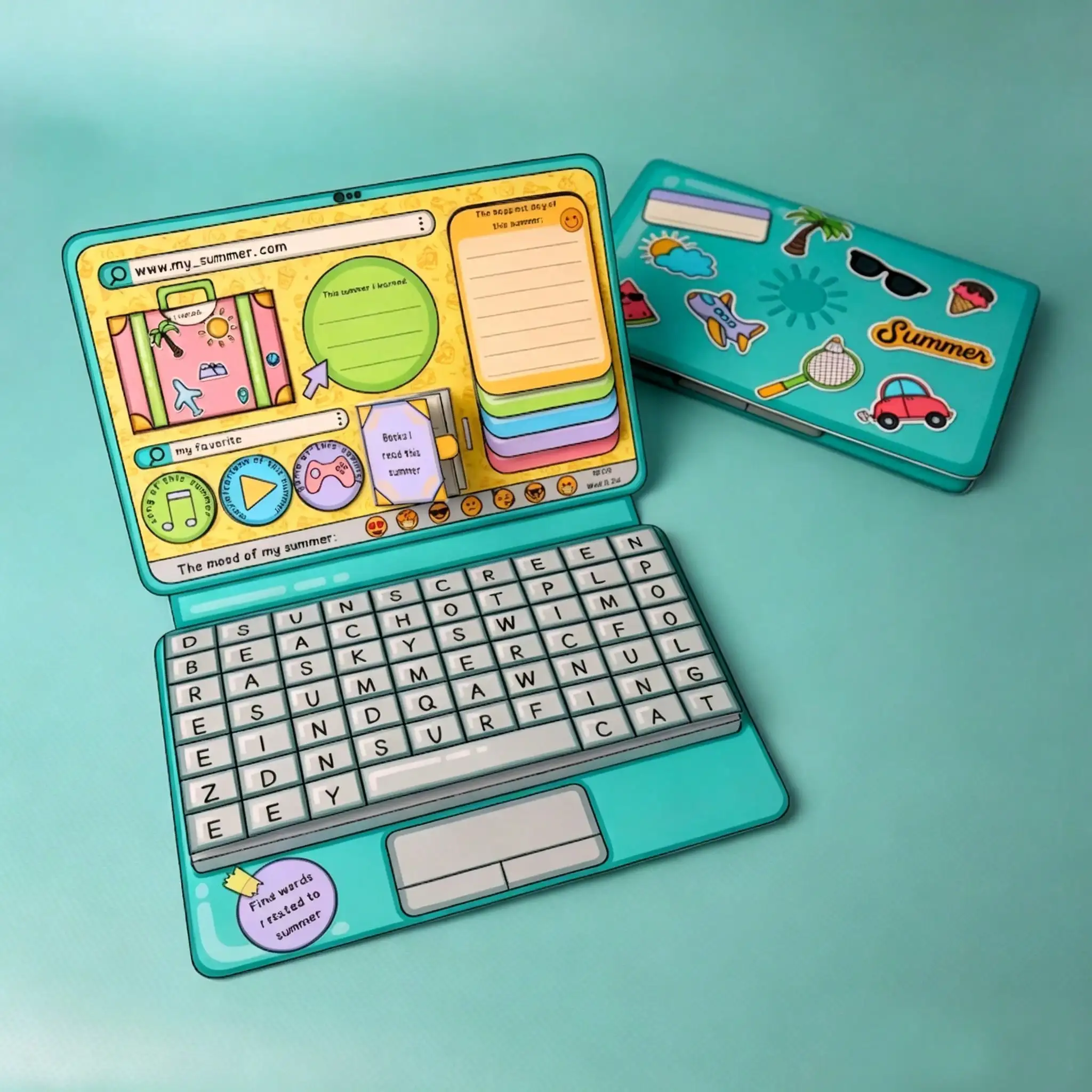 Summer Vacation Laptop‑Shaped DIY Quiet Book, Paper Laptop Pretend Play Toy, 3D Paper Scene Montessori Educational Craft Kit,