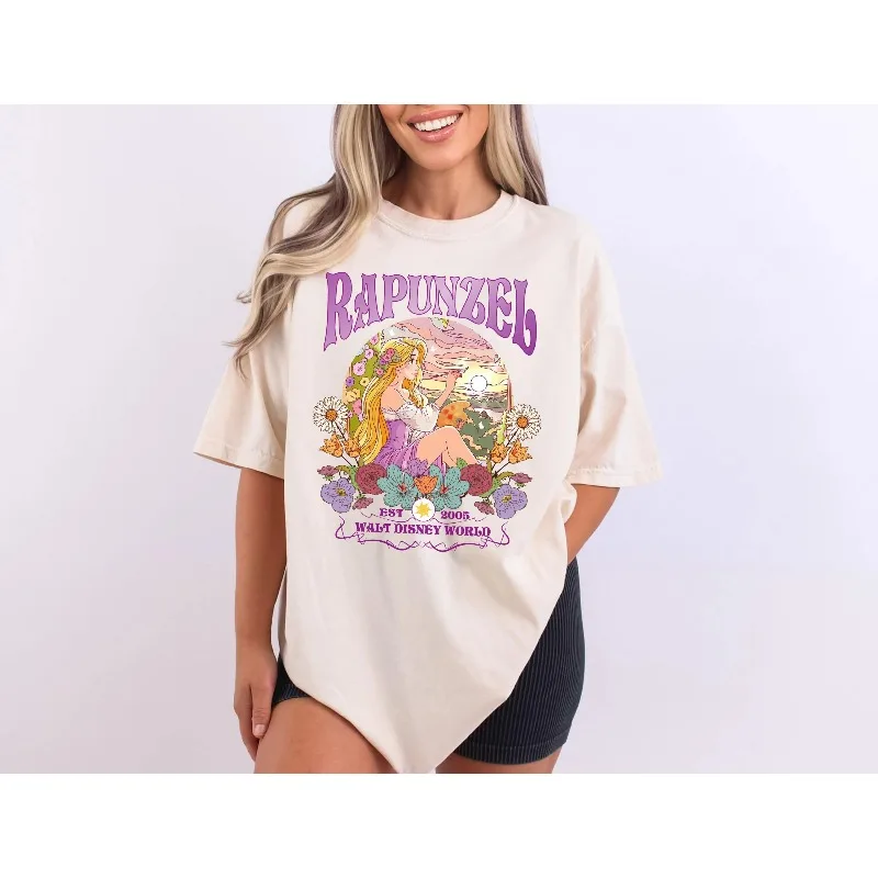 ديزني الأميرة موانا الأزهار قميص المرأة القطن الخالص تي شيرت الصيف جديد Y2K الرجال والنساء المتضخم زوجين الزي