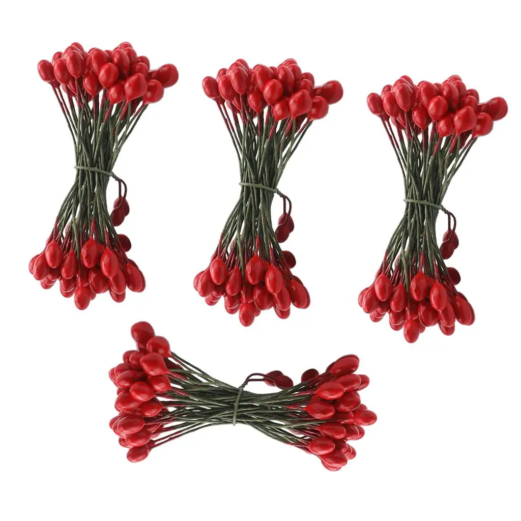 Artificial Berries with Double Head, 2-6 Pieces, 200 Pieces, for Crafts, Red