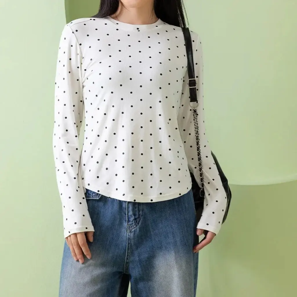 

Women's Loose Long-Sleeved round Neck Base Shirt Top Polka Dot Print Slim Fit Casual Autumn Winter Fashion