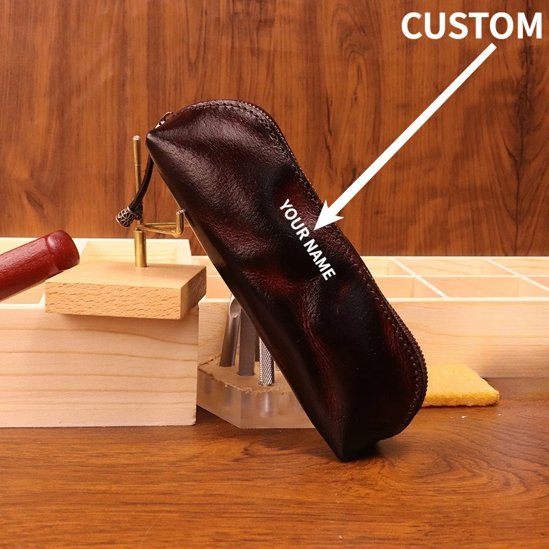 Genuine Leather Organizer Bag Men Vintage Full Grain Cowhide Pencil Case Eyeglass Pouch Handmade Patina Leather Storage Custom