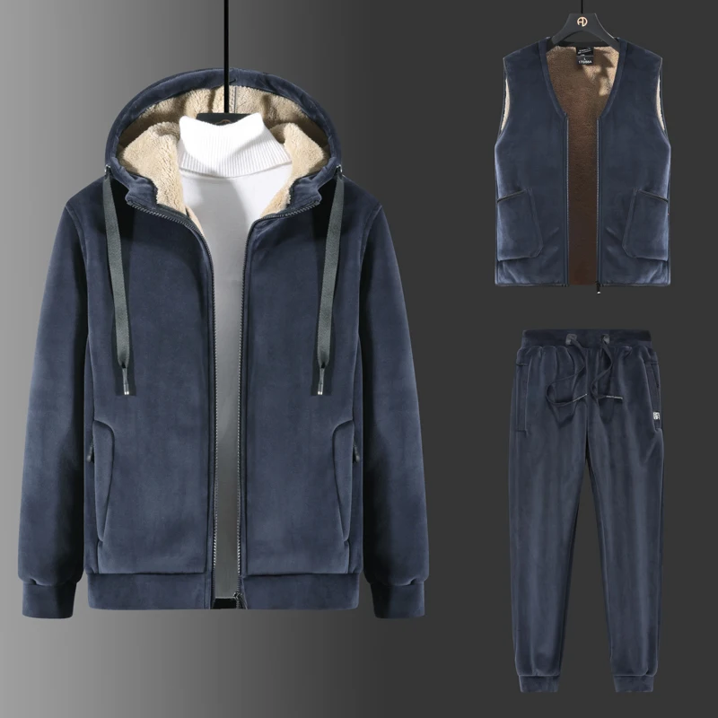 

Men Warm Casual Lamb Wool Sets Men Winter Plus Velvet Thick Tracksuits Men's Lamb Cashmere Hoodies+vests+pants Three-pieces Sets