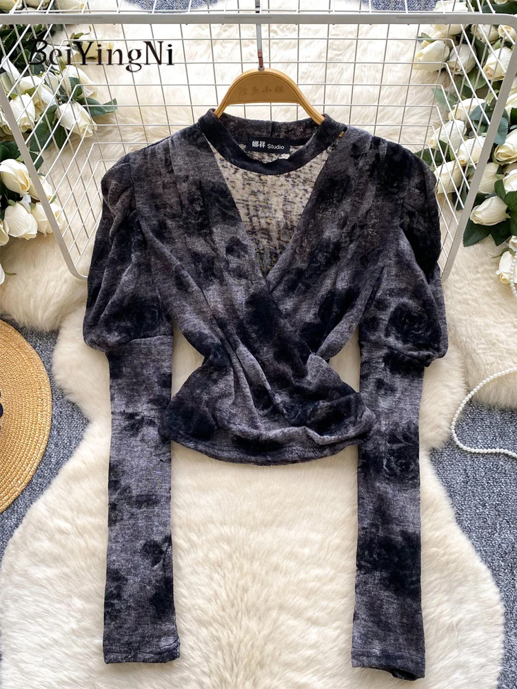 Beiyingni Spring Autumn Women's T-shirt Ruched French Vintage Slim Waist Spell Color T Shirts Female Black V-neck Cropped Tops