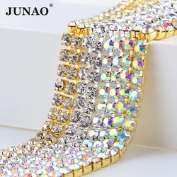 JUNAO SS4.5 SS6 SS8 SS10 SS12 SS16 SS18 Glass Rhinestones Chain Trim Sewing Metal Strass Cup Chain Crystal Applique For Clothes