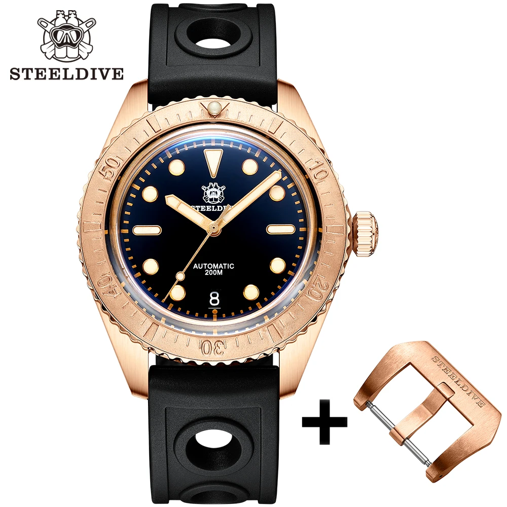 Dive Wristwatch For Men STEELDIVE SD1965S Bubble Sapphire Mirror 20Bar Waterproof Luminous Pearl Bronze Bezel NH35 Bronze Watch