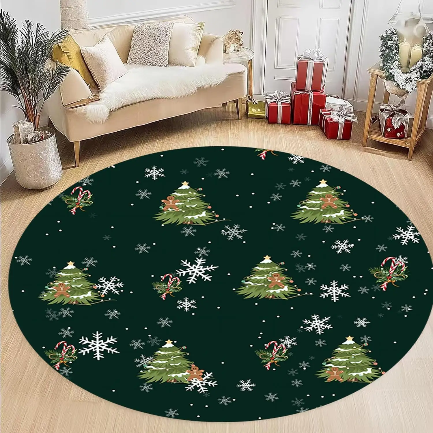 Bedside Bedroom Round Rug Xmas Tree Pink Botanical Flower Area Mat Holiday Party Spirit Anti Slip Salon Living Room Floor Carpet