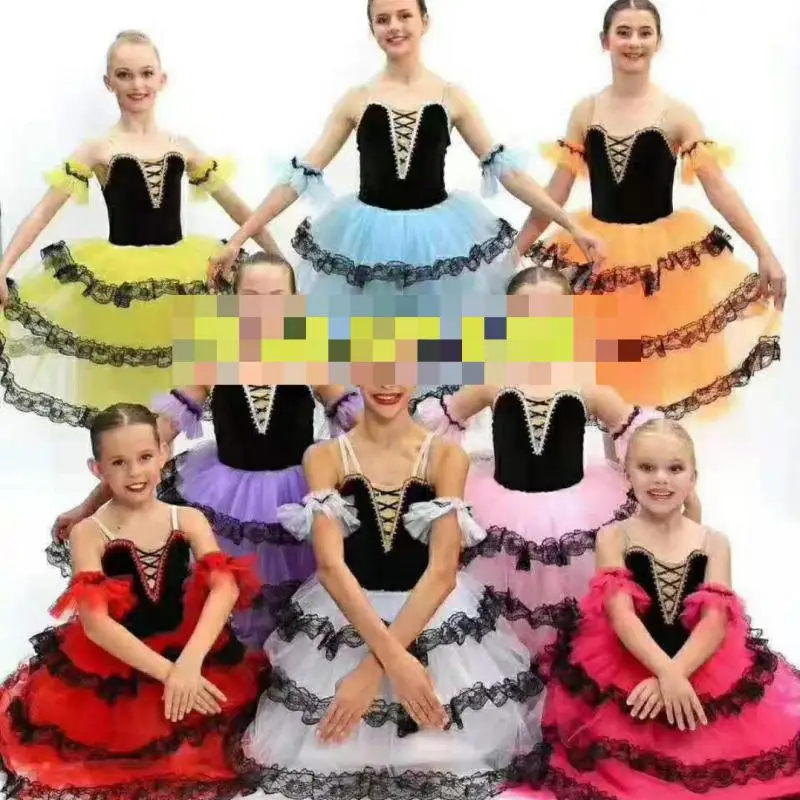 Vestido rojo español con tirantes para niñas adultas, tutús de Ballet románticos largos, disfraces de tutú, vestidos de bailarina, corpiño de terciopelo