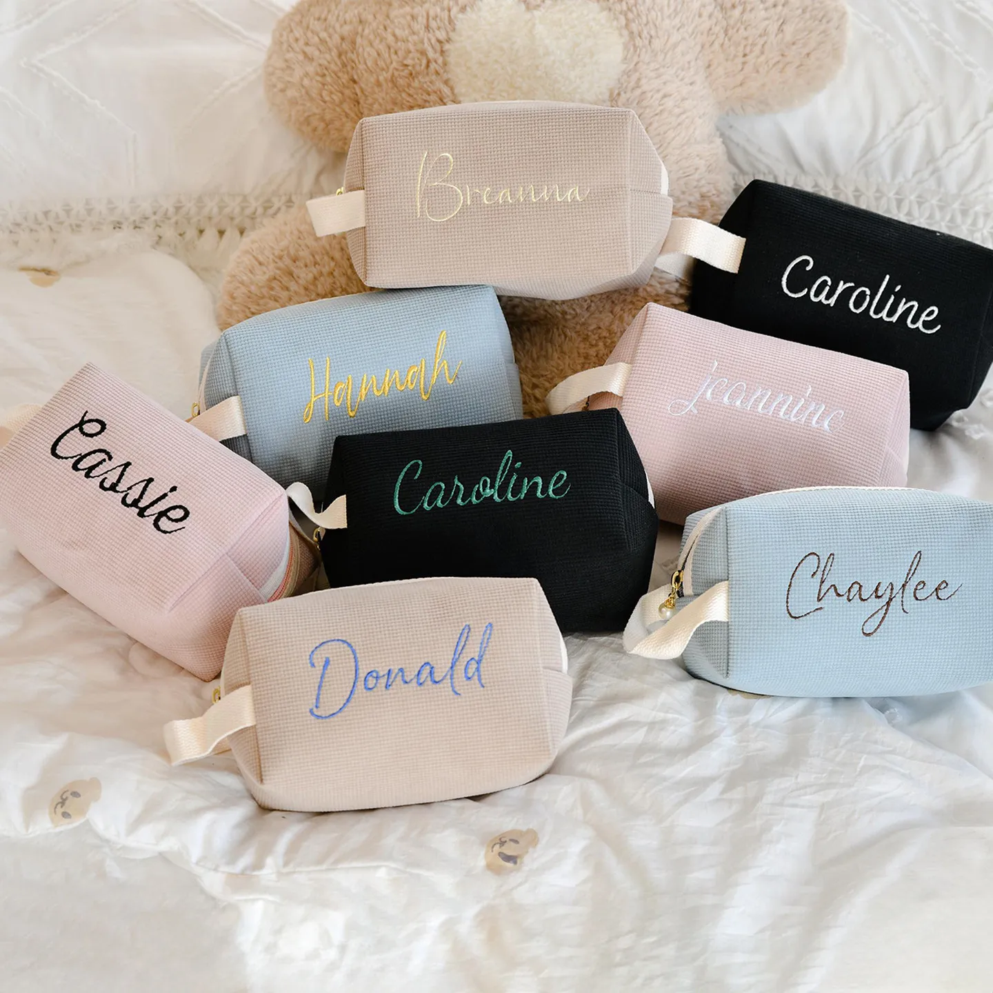 Custom Name Makeup Bag Waffle Knit Cosmetic Pouch Personalized Embroidery Travel Toiletry Bag Women Girls Pencil Case Holder