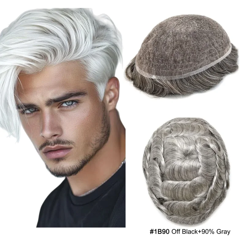 

Full Lace Men's Toupee | Human Hair Hairpiece Wig All Gray Shades Hair System, For Video Conferences & Business Meetings