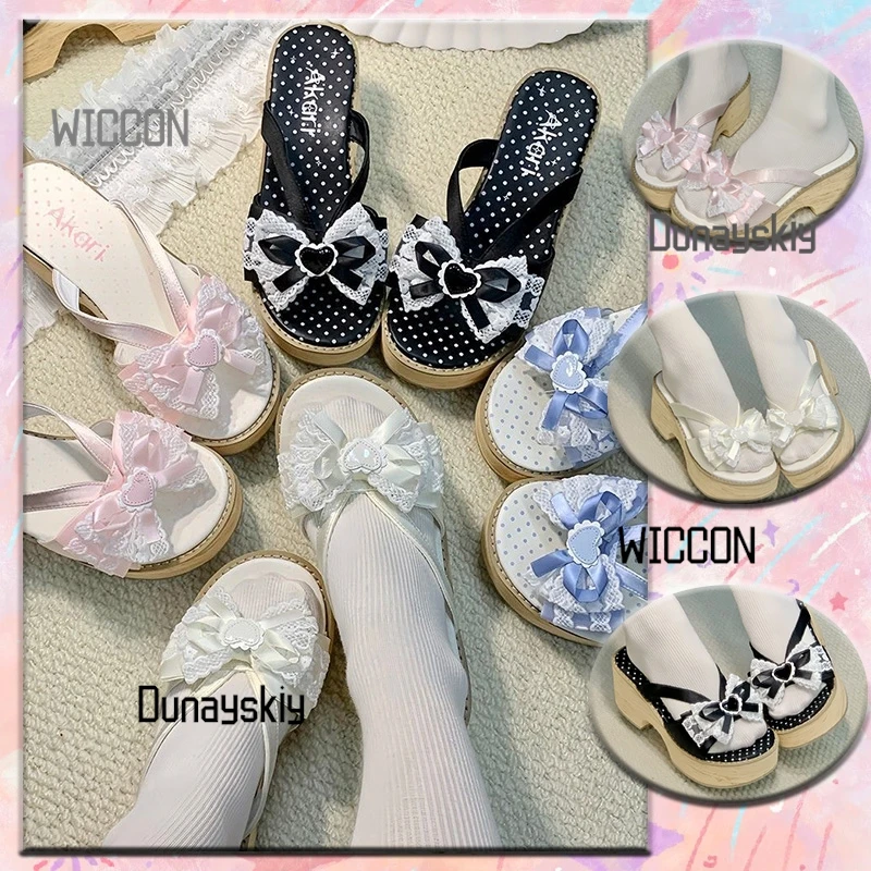 

Jirai Kei kawaii thick japanese bow wood grain soled wooden clogs slippers lolita shoes cosplay costumes accessions summer