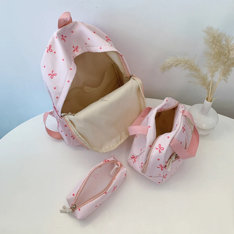3-teiliger Kawaii-Nylon-Rucksack mit Handtasche und Federmäppchen, süßer Rucksack mit Schleife, schöner Laptop-Rucksack mit Schleife, Reise-Rucksack