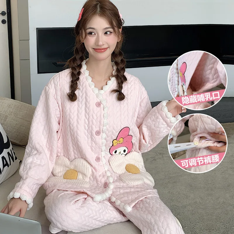 Kawaii Cartoon My Melody Nursing Pajamas Home Clothes Woman Spring Autumn Airs Cotton Lapel Side Opening Confinement Clothes Set