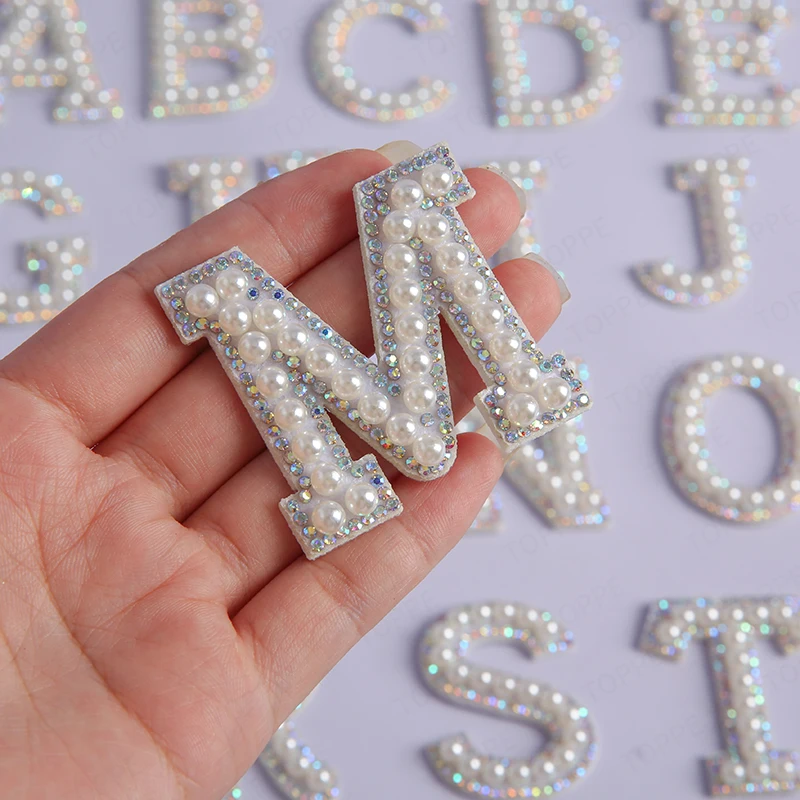 New！AB Pearl Rhinestone English Letter Patches Iron on Stickes Applique 3D Handmade Beaded Diy Cute