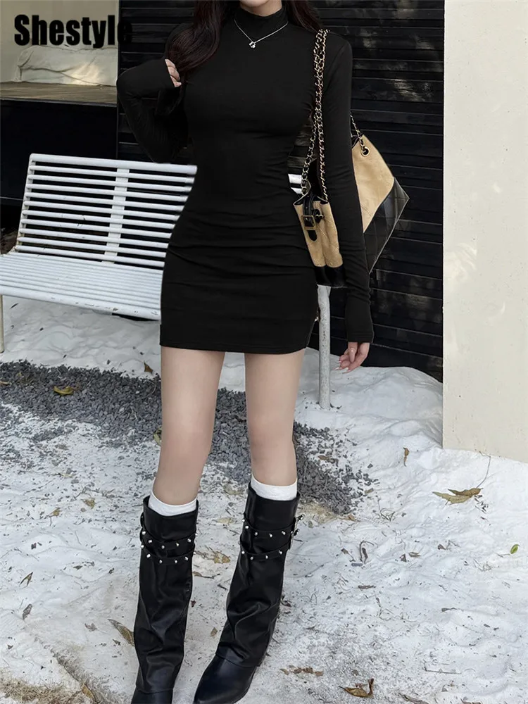 Shestyle Backless Women Brown Sheath Women Dress Cross Bandage Hollow Out Turtleneck Full Sleeve Slim Bodycon Sheath Hot 2026