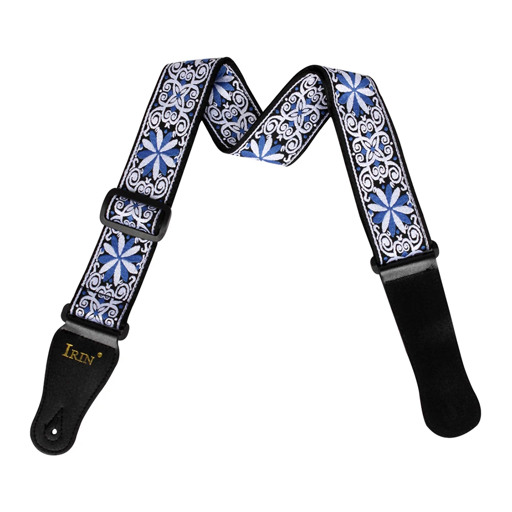 Universal Guitar Strap PU Leather Ends Adjustable Acoustic Guitar Blue Flower Embroidery Strap Belt Guitar Parts & Accessories