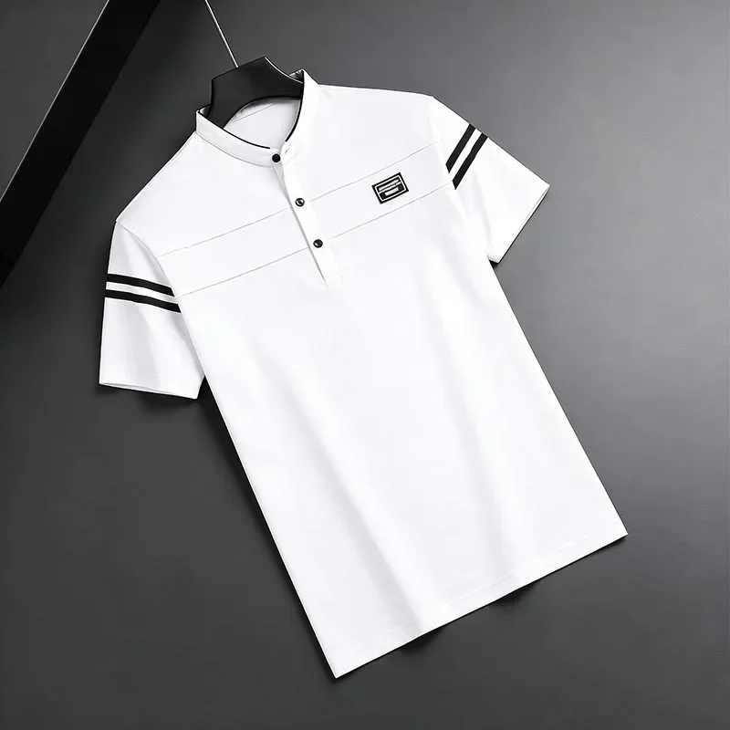 All Seasons Men's Black Stand Collar Short Sleeve Polo Shirt White Stripe Detail Casual Top