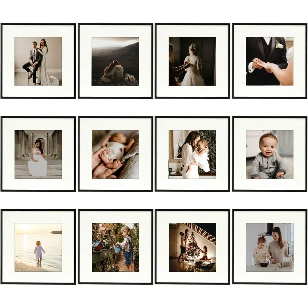 12x12 Aluminum Frame for 8x8 Photo Display - Metal Wall Mounting Square Photo Frame Collection with Ivory Color Mat 12-Pack