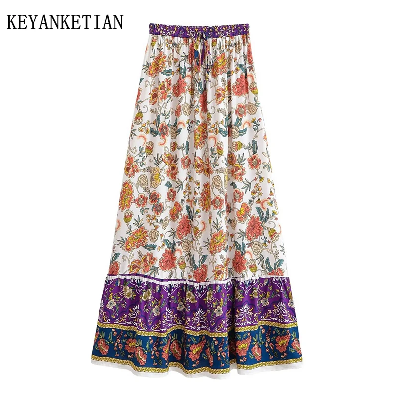 

KEYANKETIAN 2025 Новая женская юбка-миди с пасторальным принтом, праздничная длинная юбка трапециевидной формы из вискозы на шнуровке с бисером и эластичной резинкой на талии